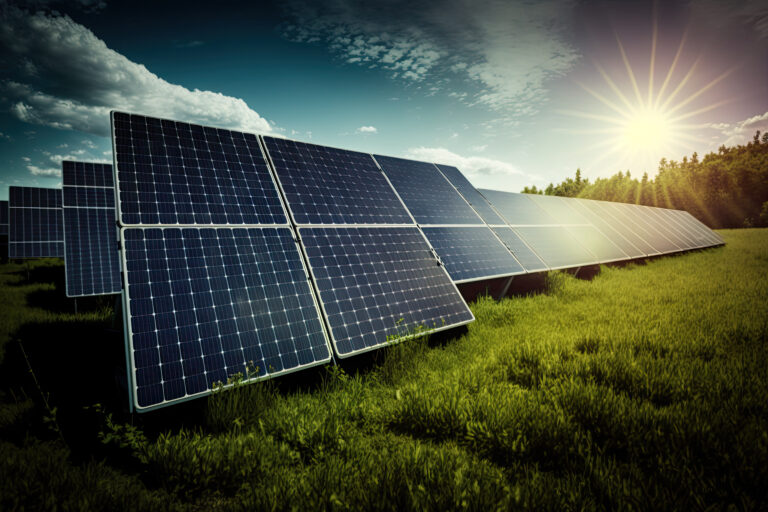 photovoltaic solar power panel in the field, green clean Alternative power energy concept